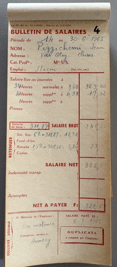 Bulletin de salaire de 1965